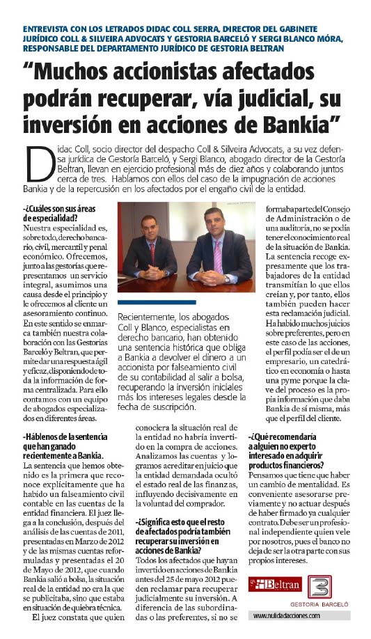 Conmoción político A menudo hablado Entrevista en la Vanguardia a Didac Coll y Sergi Blanco. Sentencia  accionistas de Bankia - Gestoria Barceló